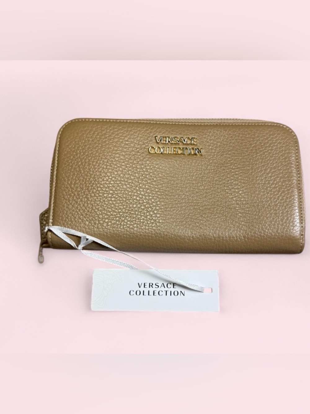 Versace Collection Genuine Italian Leather Tan Beige Taupe Zip Around Wallet NWT